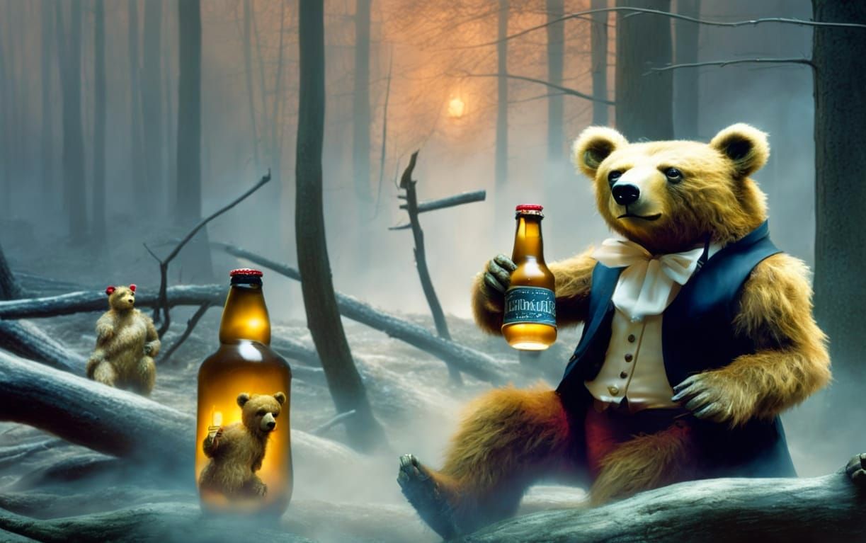 Teddy Bear Drinks Beer in Crimson Mist