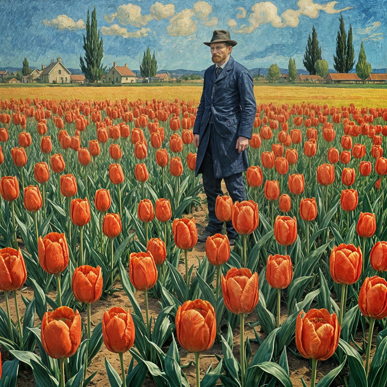 Vincent Van Gogh Stands Amidst a Field of Red Tulips in an I...