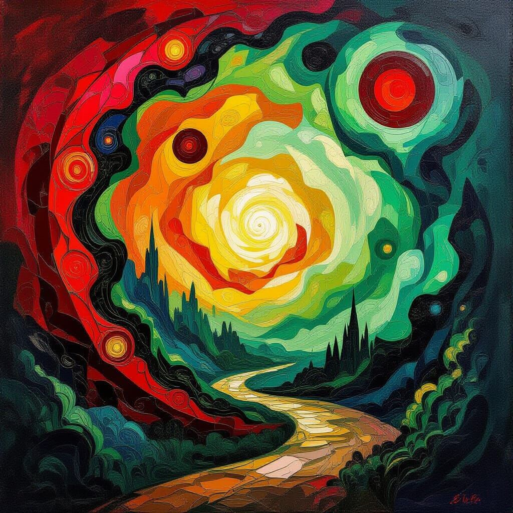 Surreal Abstract Painting with Crimson Shapes and Green Form...