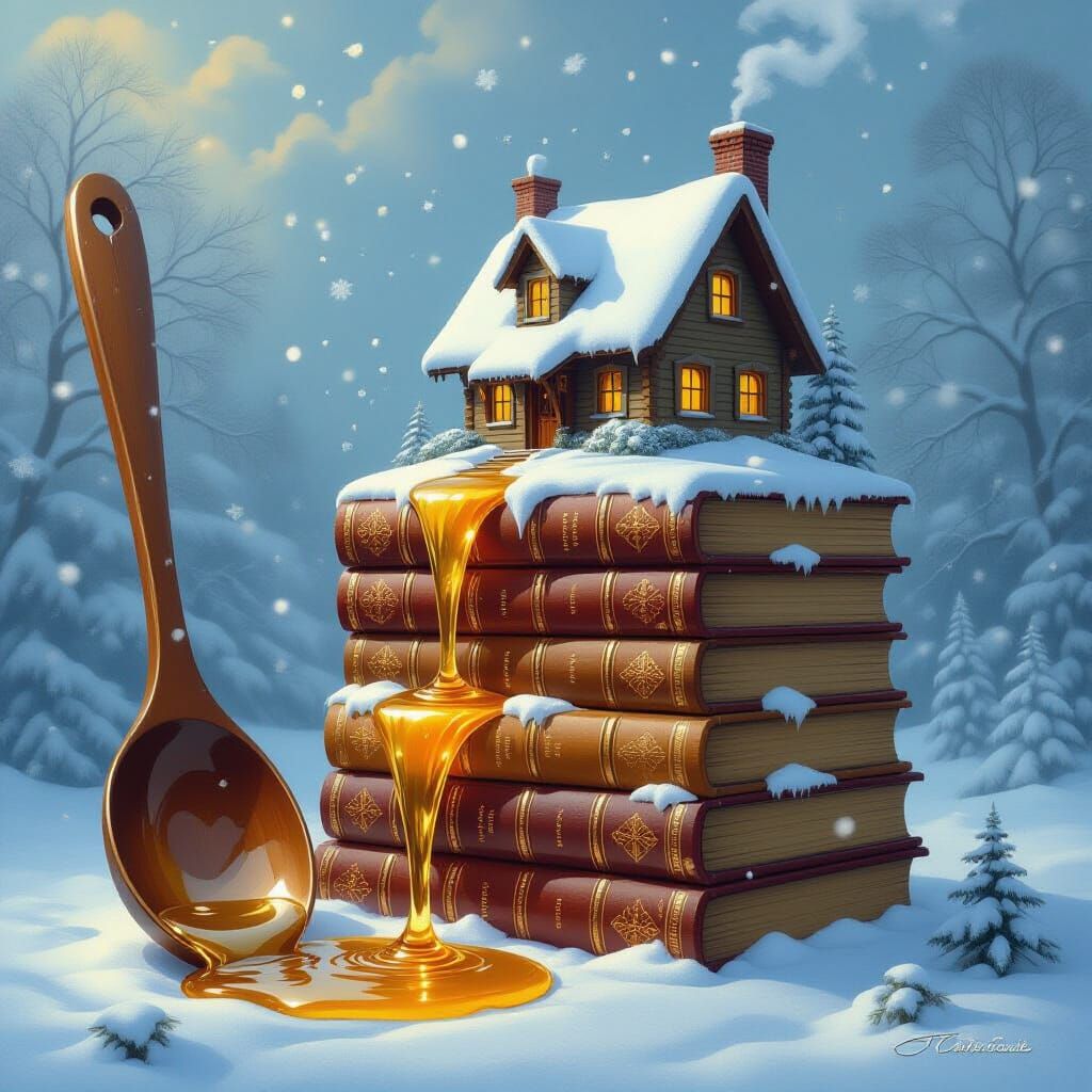 Magical Winter Cottage on Books as Honey Waterfall