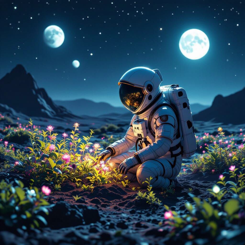 Astronaut's Bioluminescent Garden on Alien Planet
