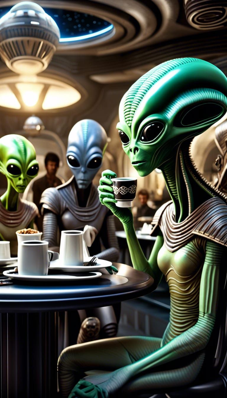 Hyperrealistic Alien Coffee Shop Scene