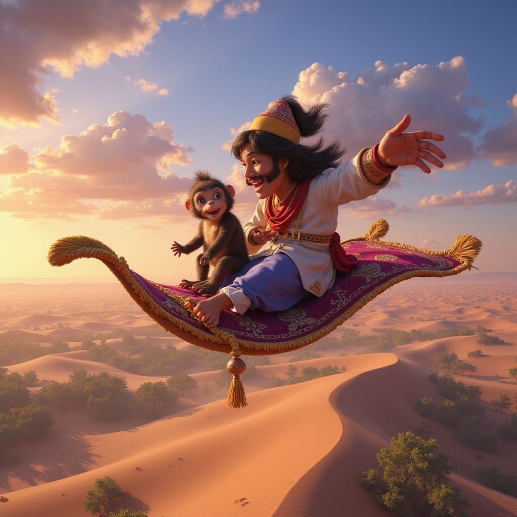 Aladdin and His Faithful Monkey Soar Above a Vibrant Oasis
