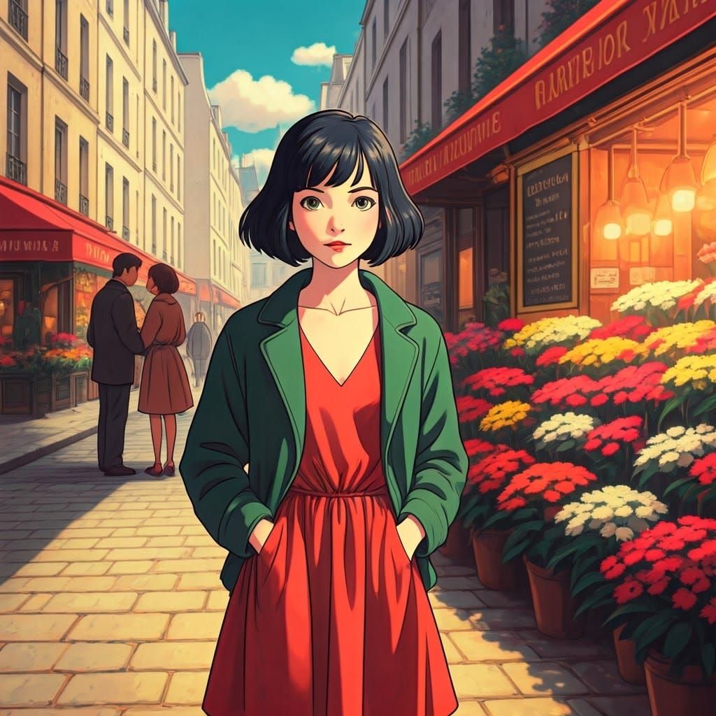 Anime-Style Heroine in Paris, Ghibli-Inspired