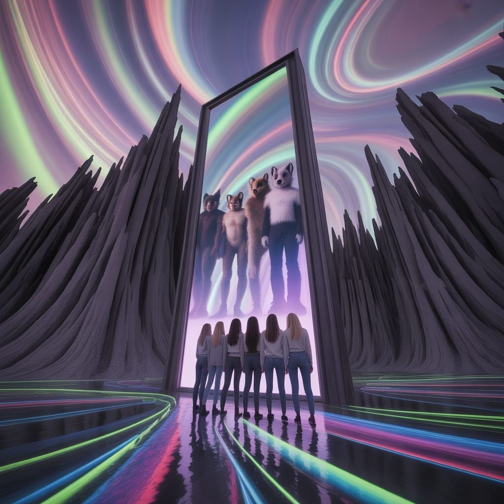 Colossal Mirror Reflecting Furries Under Aurora Sky