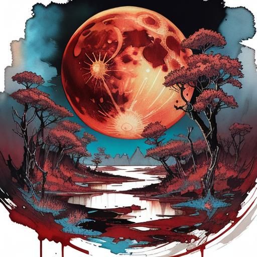 Disturbing Bloodmoon Landscape in Digital Watercolor