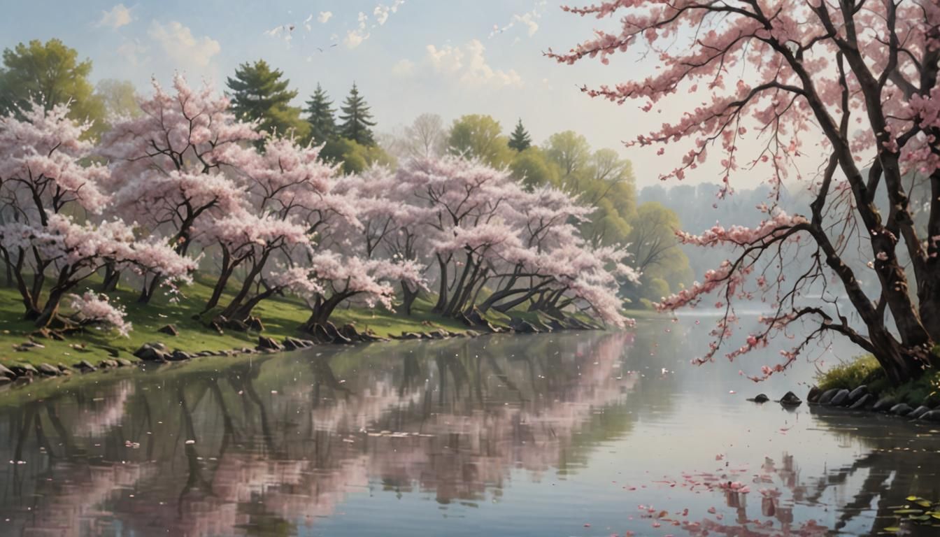 Cherry Blossoms by Misty Lake in Hyperrealistic Style