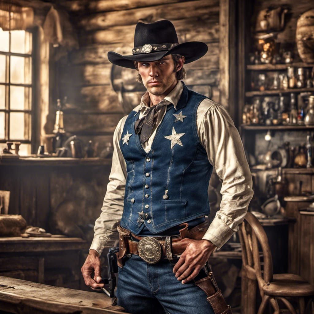 Young Sheriff Gunslinger in Western Saloon, Hyperrealistic