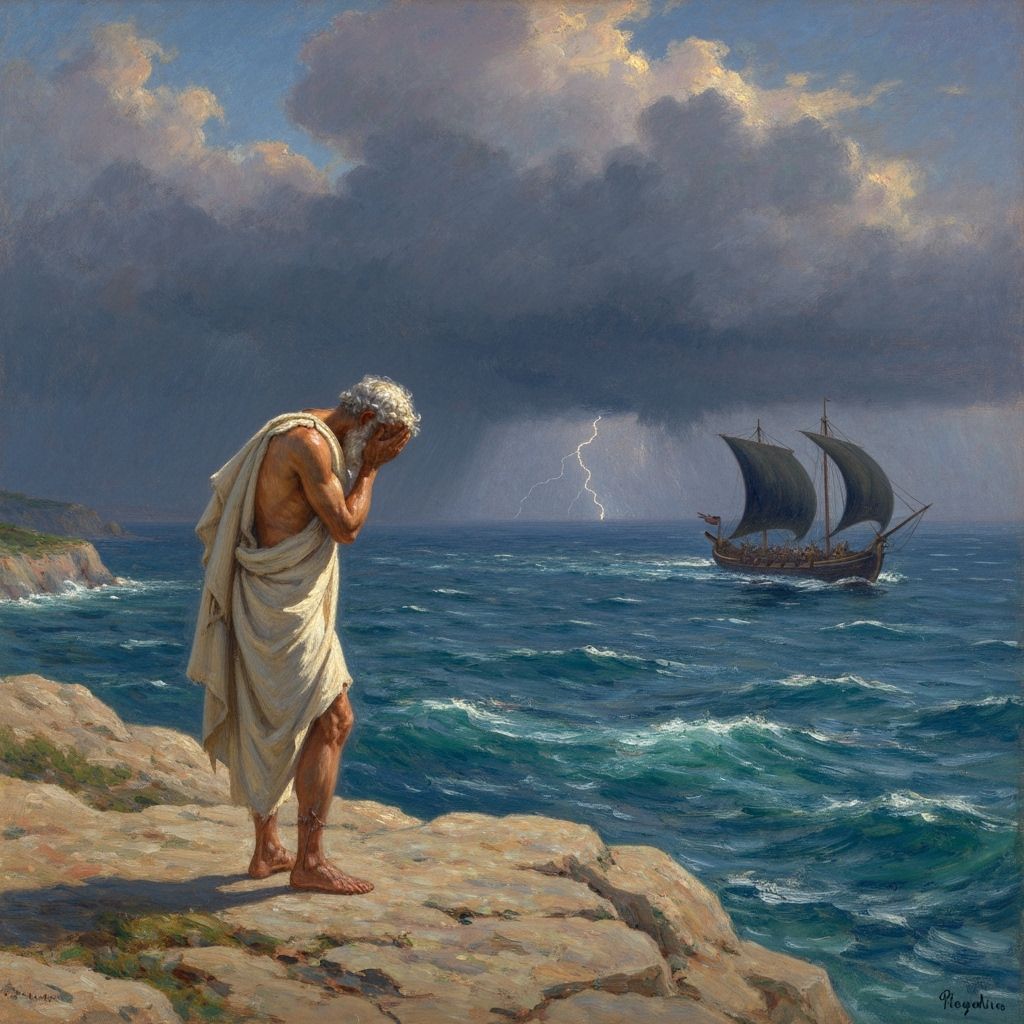 Greek Elder on Cliffside Watching Approaching Ship