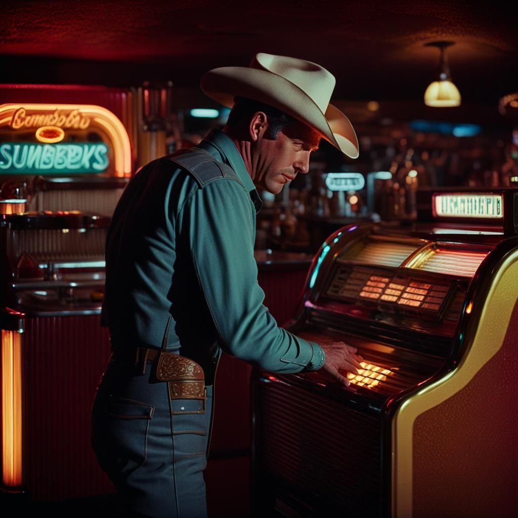 1950s Cowboy in Dimly Lit Bar: Cinematic Still