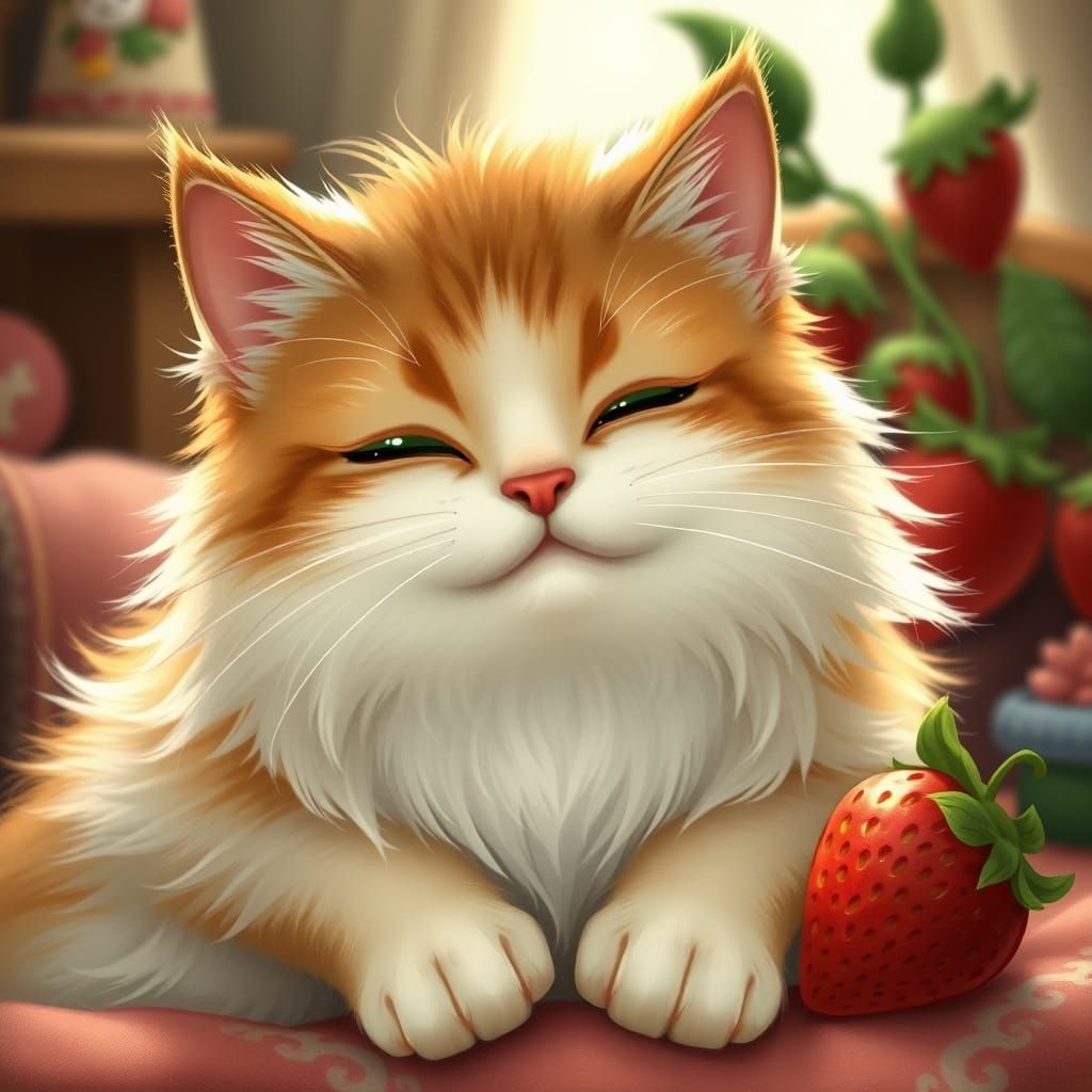 Whimsical Strawberry Cat in Cozy Atmosphere