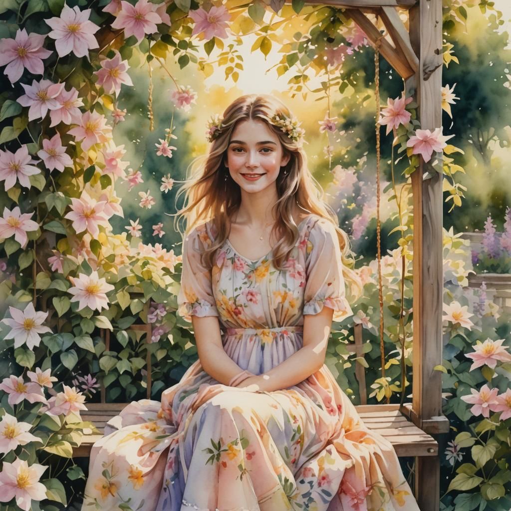 Watercolor Girl in a Stunning Walled Garden