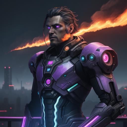 Neon Cyberpunk Creature with Fiery Eyes