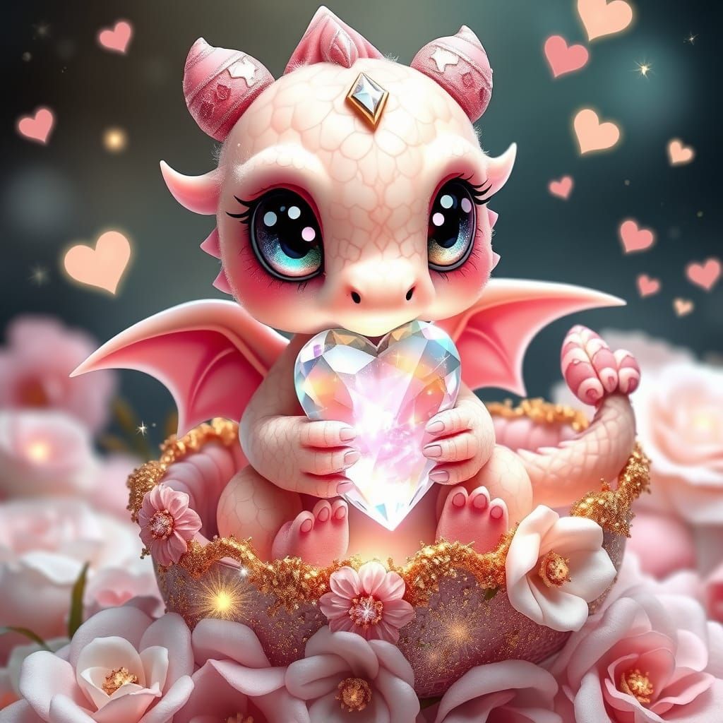 Cute Baby Dragon with Heart Crystal in Pastel Art