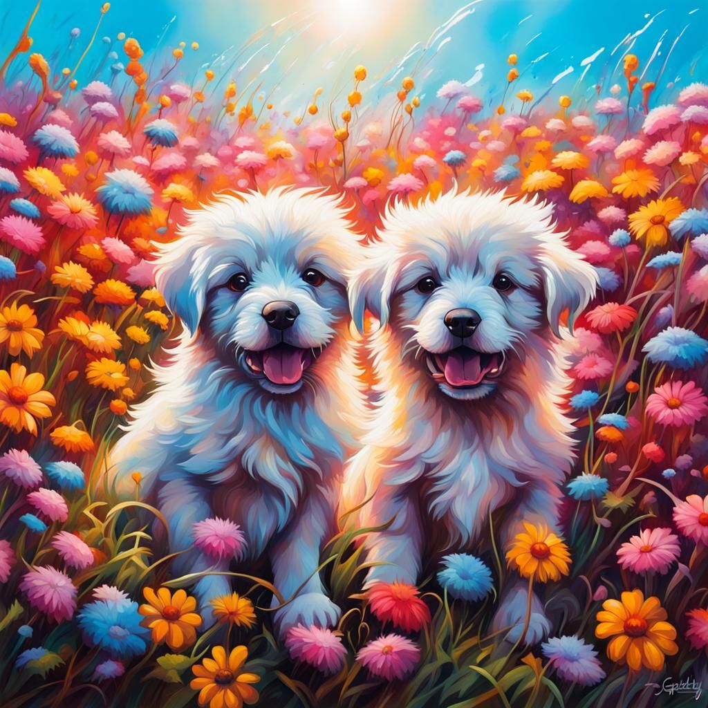 Puppies Play in Floral Field: Graffiti Art