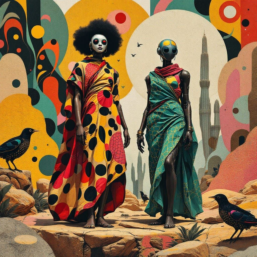 Afro-Futurist Robot Beings in Vibrant Textiles and Cubist Sh...