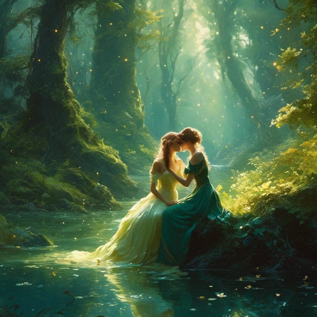 Sensual Elves Kissing in Forest Photography