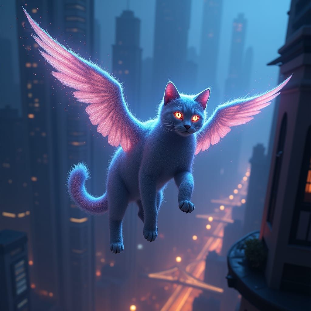 Iridescent Flying Cat Soaring Over Cityscape