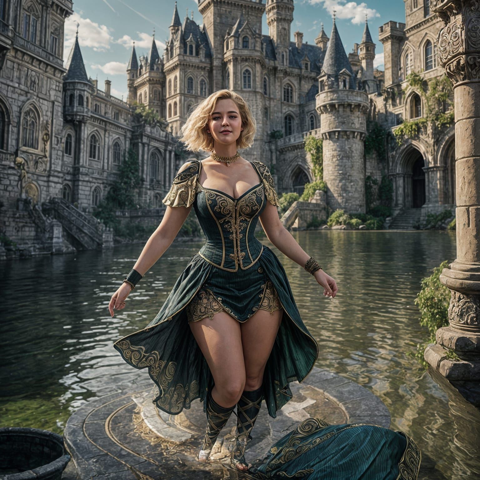 Beautiful Blond Woman in Castle Water, Detailed Matte Painti...