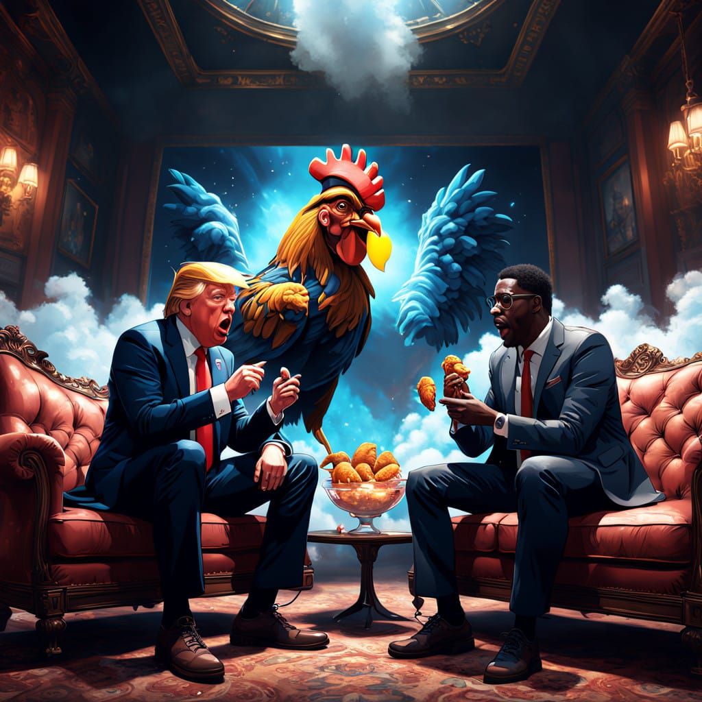 Surreal Fantasy Scene with Fried Chicken and Donald Trump