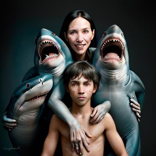 Hyperrealistic Shark-Toothed Family Portrait in Studio Light...