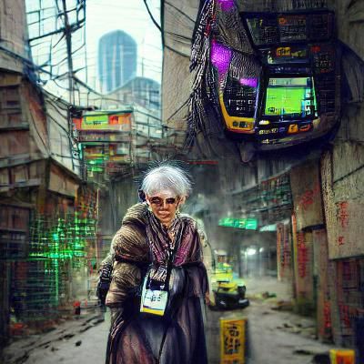 Cyberpunk Grandma in Gritty Futuristic Cityscape