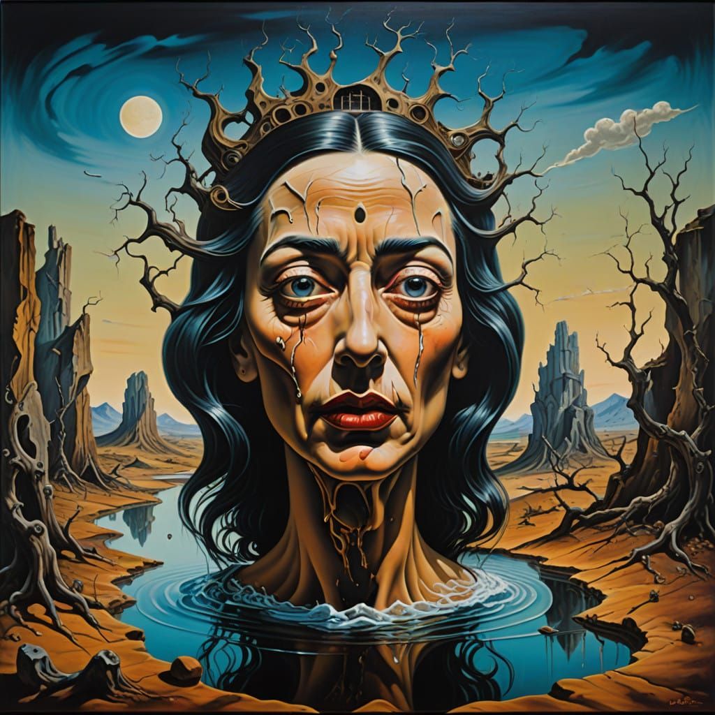 Surreal Woman Distorts in Dreamlike Landscape