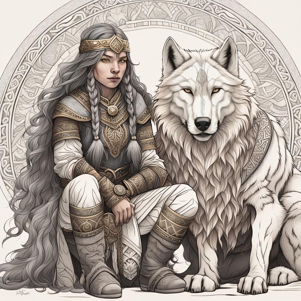 portrait of a viking female warrior with a White Wolf