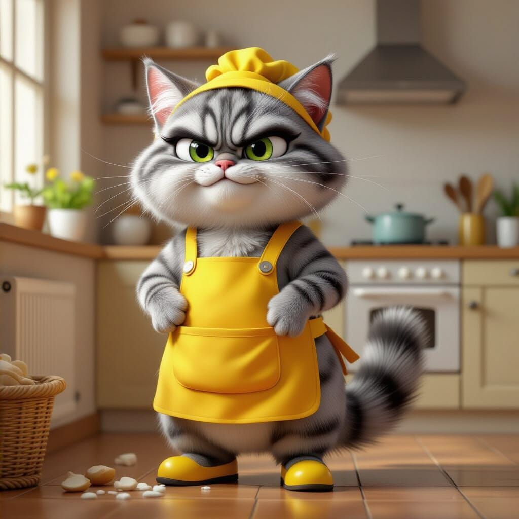 Grumpy Skunk in Yellow Apron with Bright Slippers