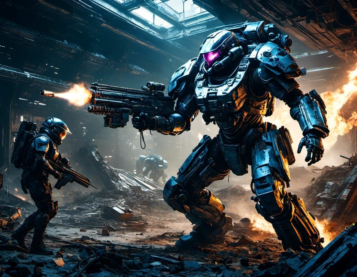 Futuristic Soldier Fighting Aliens in Space Station