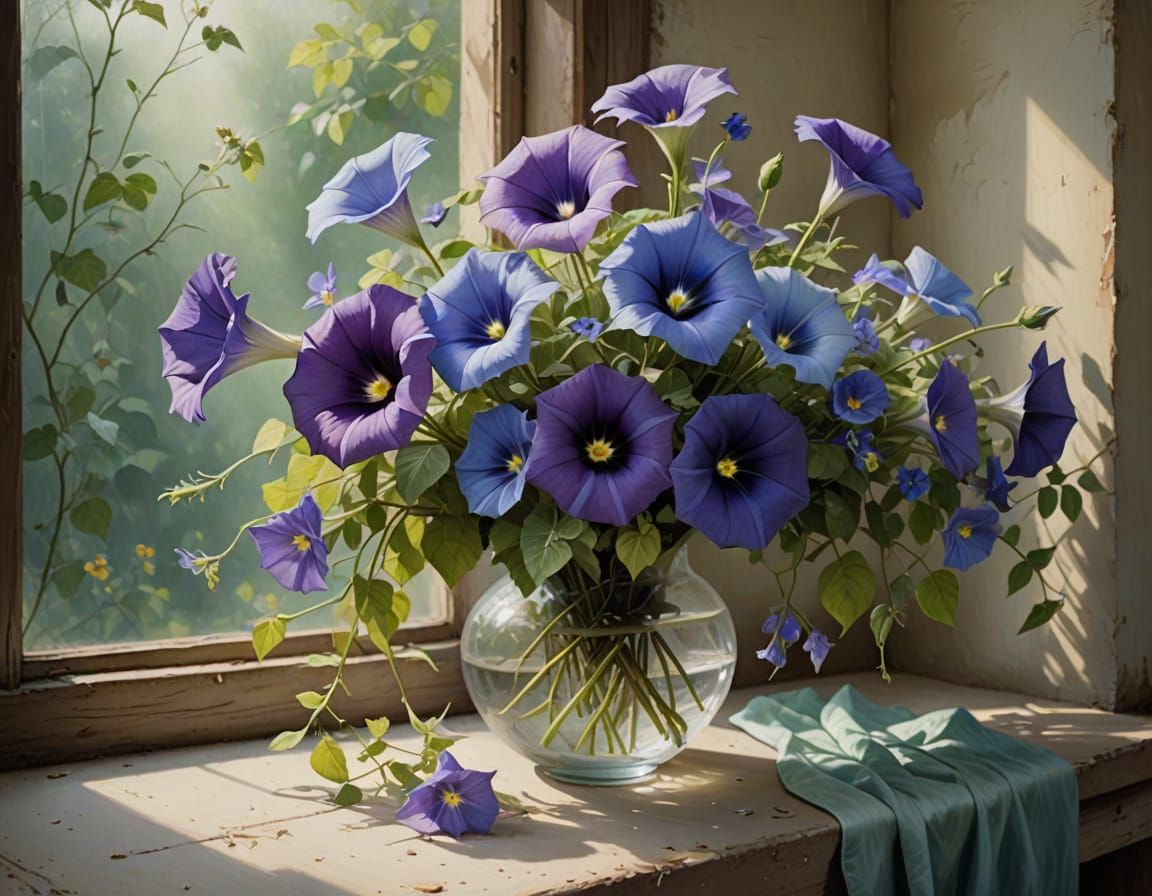 Purple Flowers and Blue Morning Glories in Oil Painting Styl...