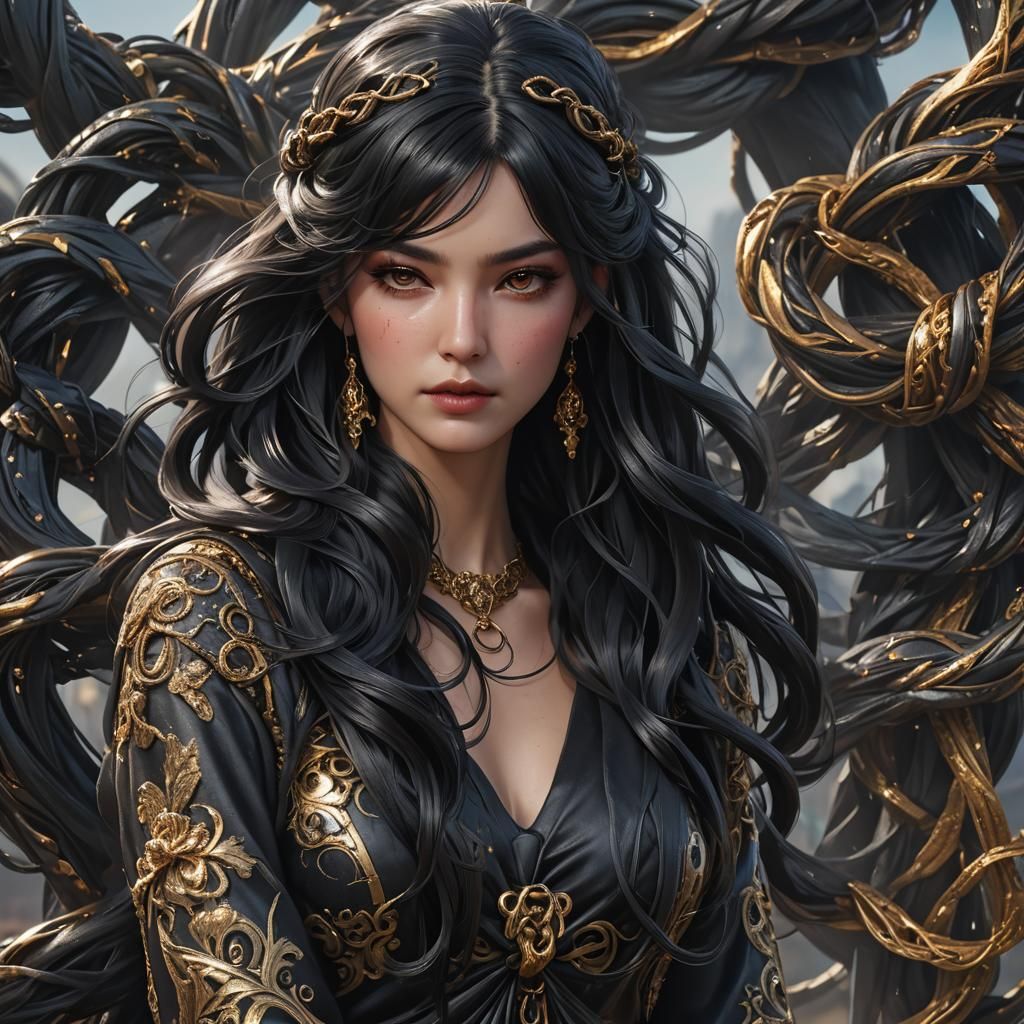 Intricate Knot of Long Black Hair: Matte Painting