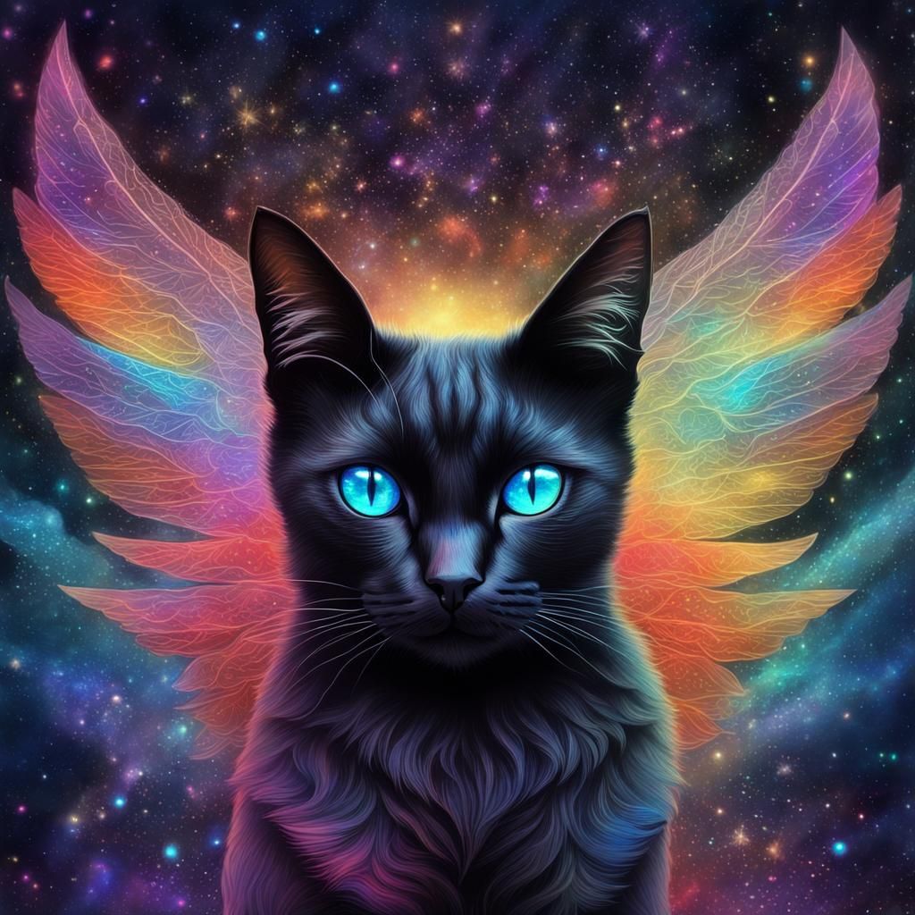 Cosmic Black Cat with Rainbow Wings Illustration