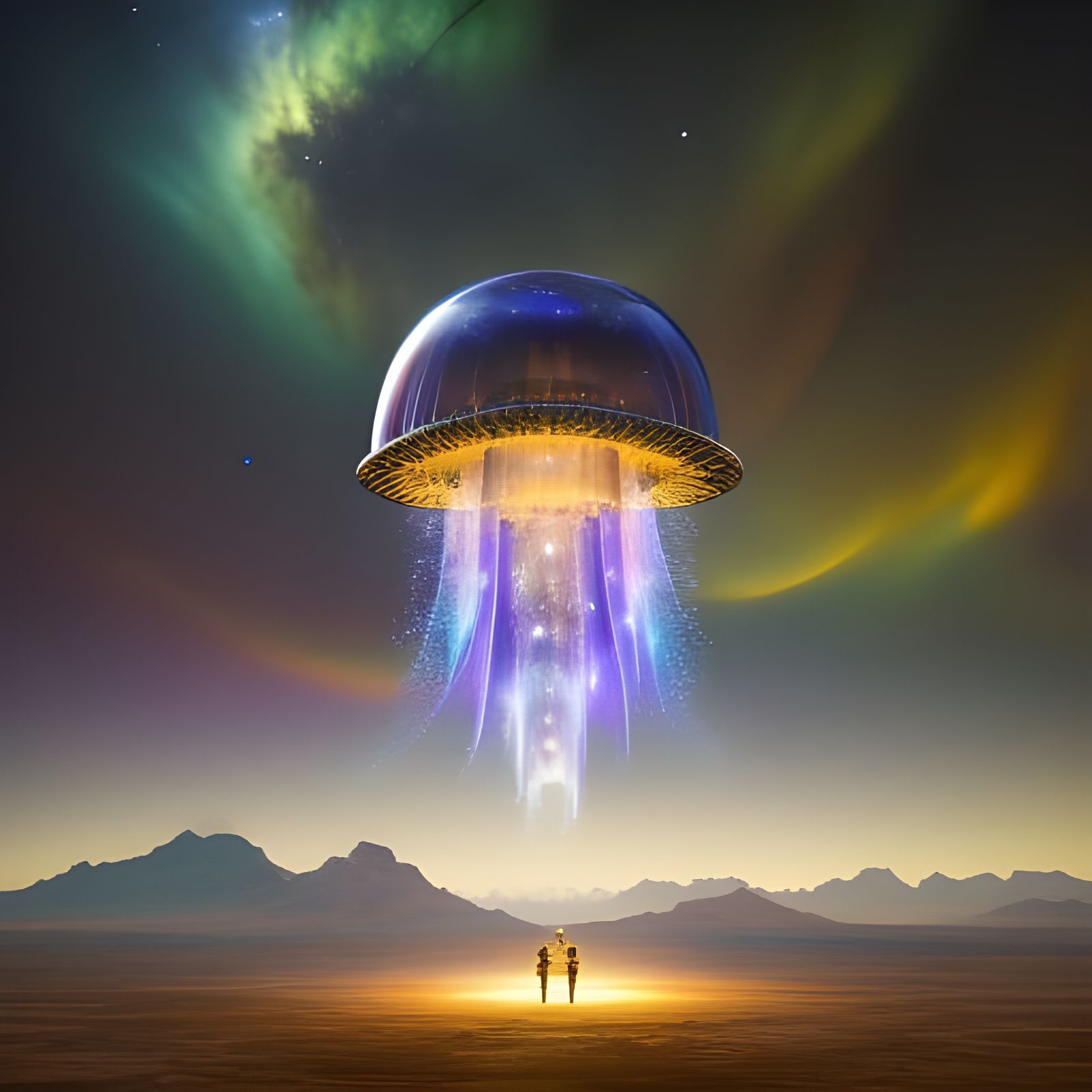 Jellyfish Spaceship Over Arizona in Sci-Fi Style