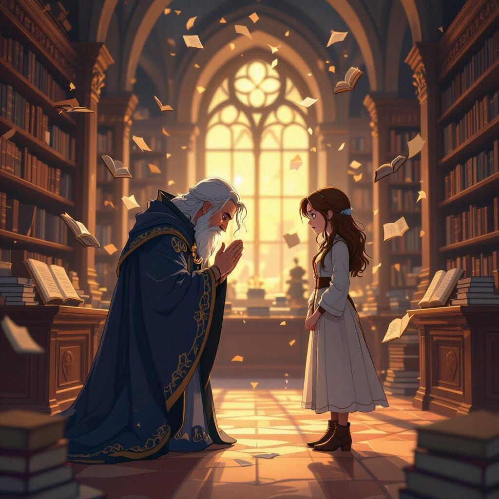 Tearful Archmage Bows to Young Woman in Orderly Library