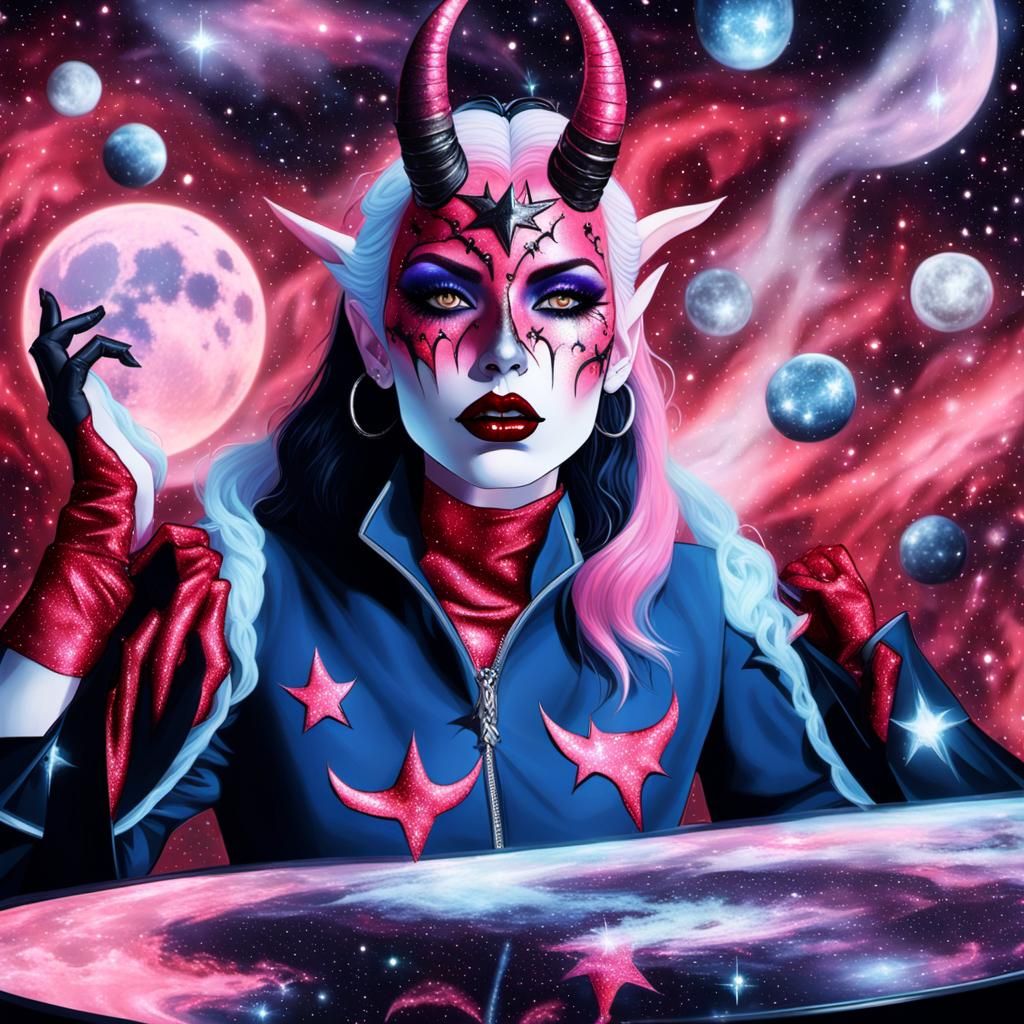 Glam Goth Tiefling Sorceress in Starry Void