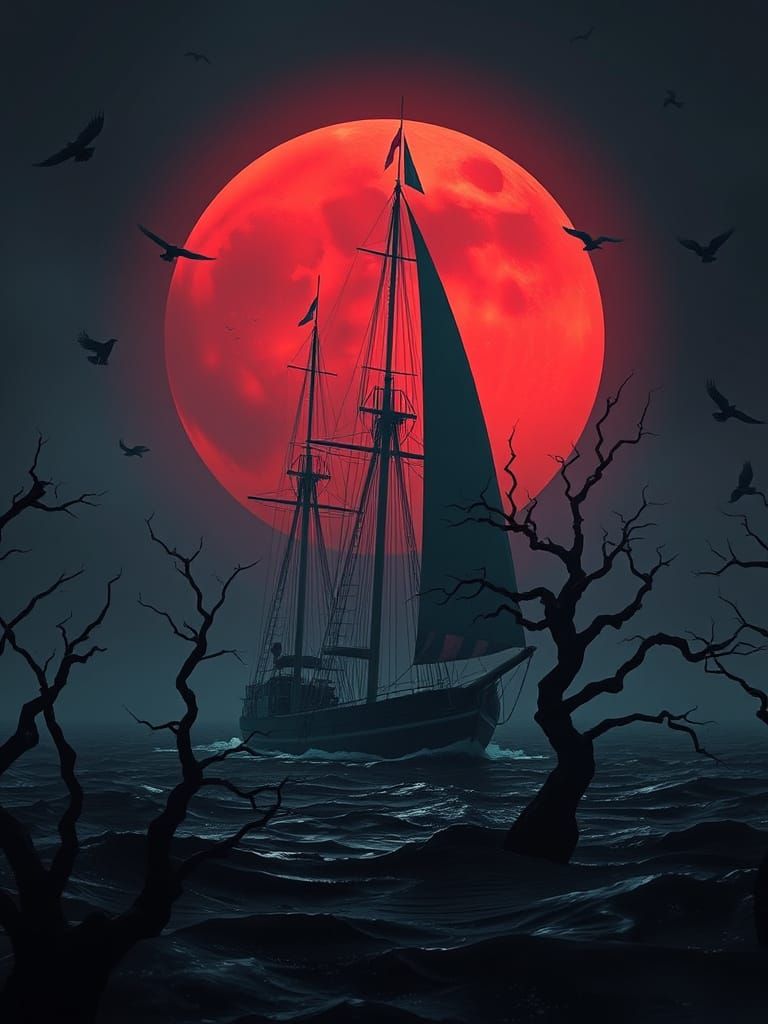 Tall Ship on Dark Waters Under Red Moon