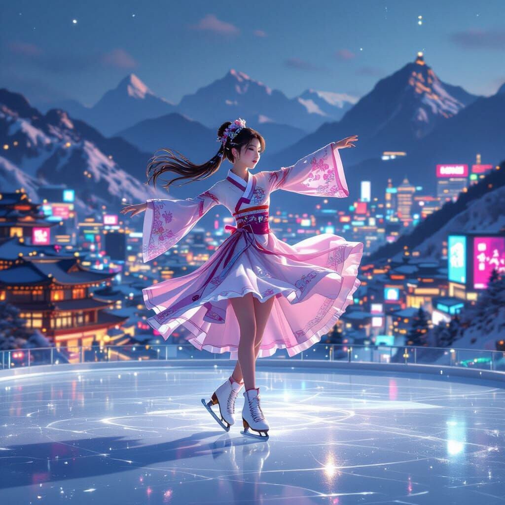 Korean Magical Girl Figure Skater in Futuristic City