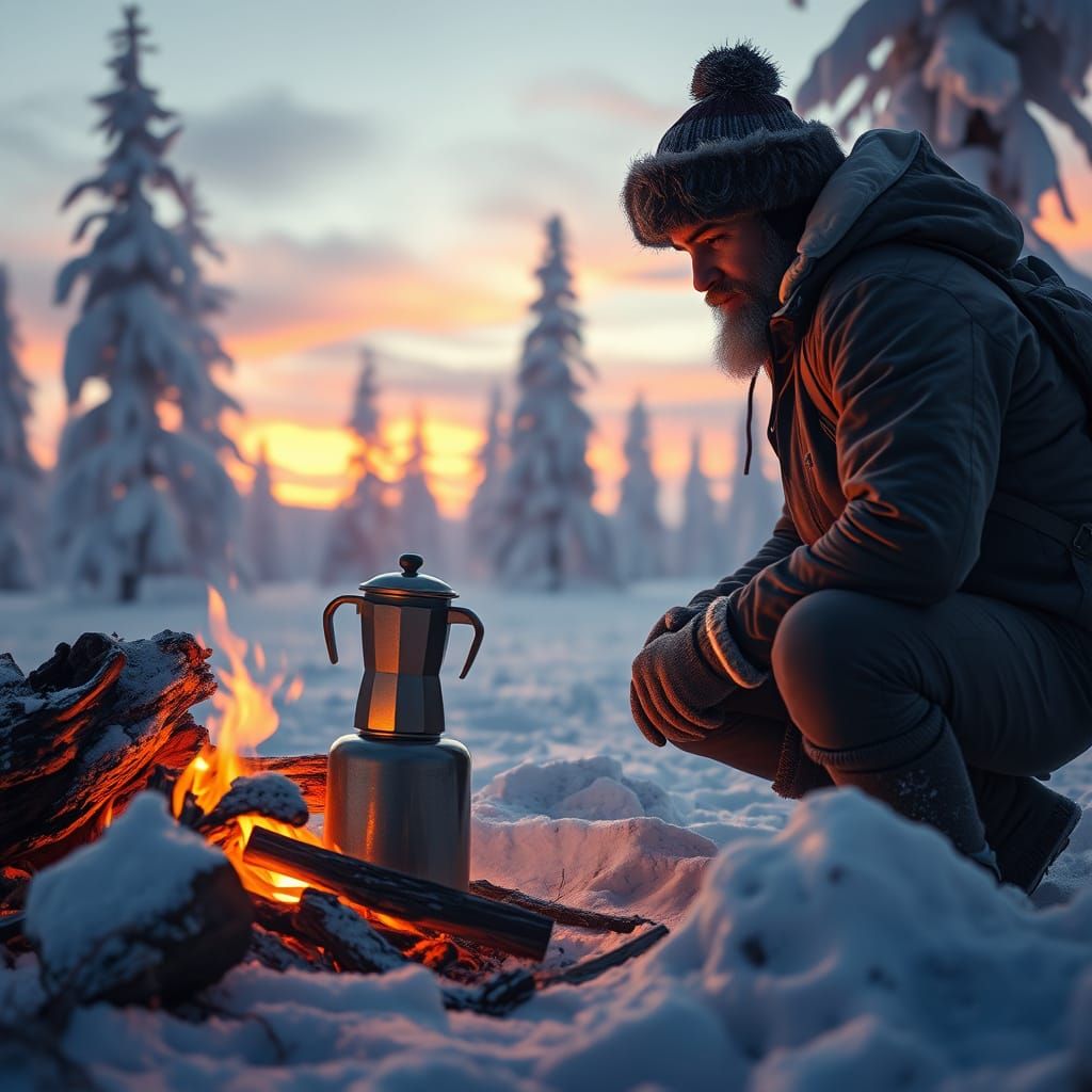 Winter Campfire Sunrise in a Vibrant Matte Painting
