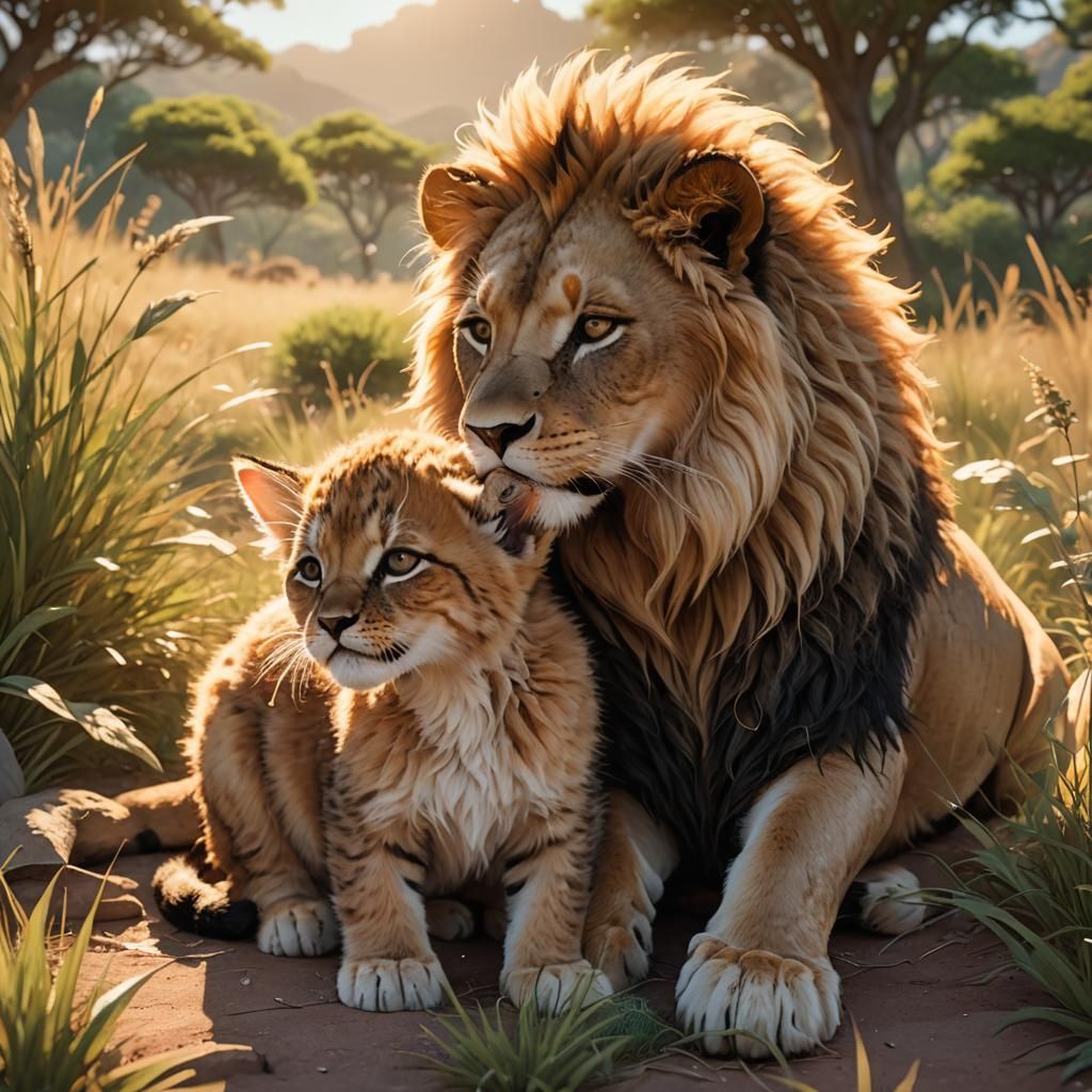 Kitten Embraces Lion in Sun-Drenched Savannah
