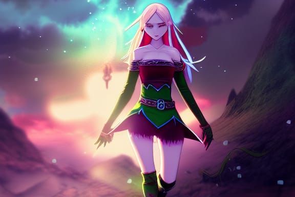 Elf Woman Wanders Battlefield in Anime Style