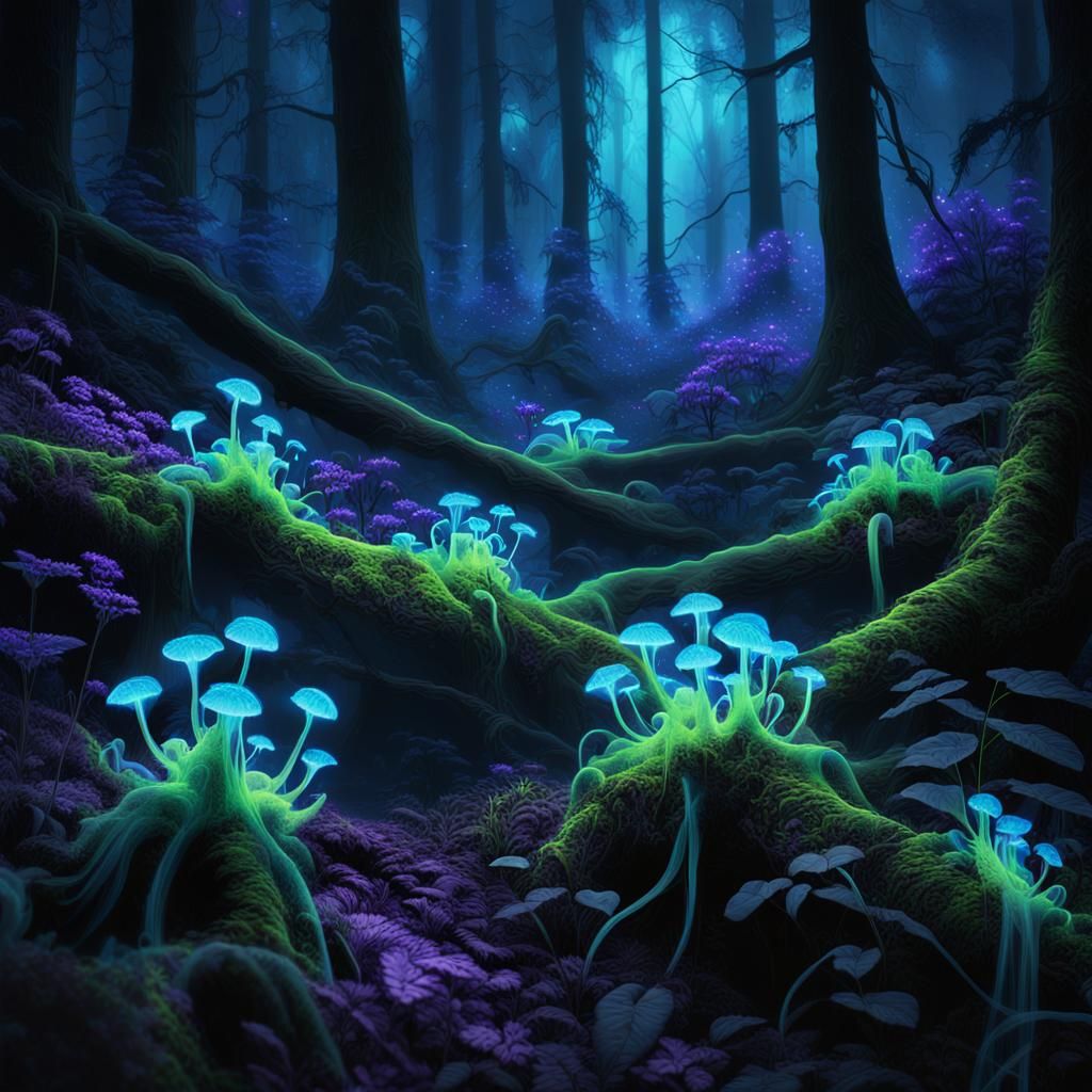 Bioluminescent Plants in Neon-Lit Misty Forest