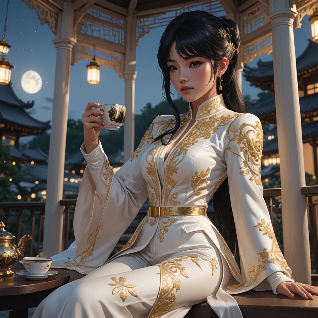 Anime Woman in White Suit Sipping Tea