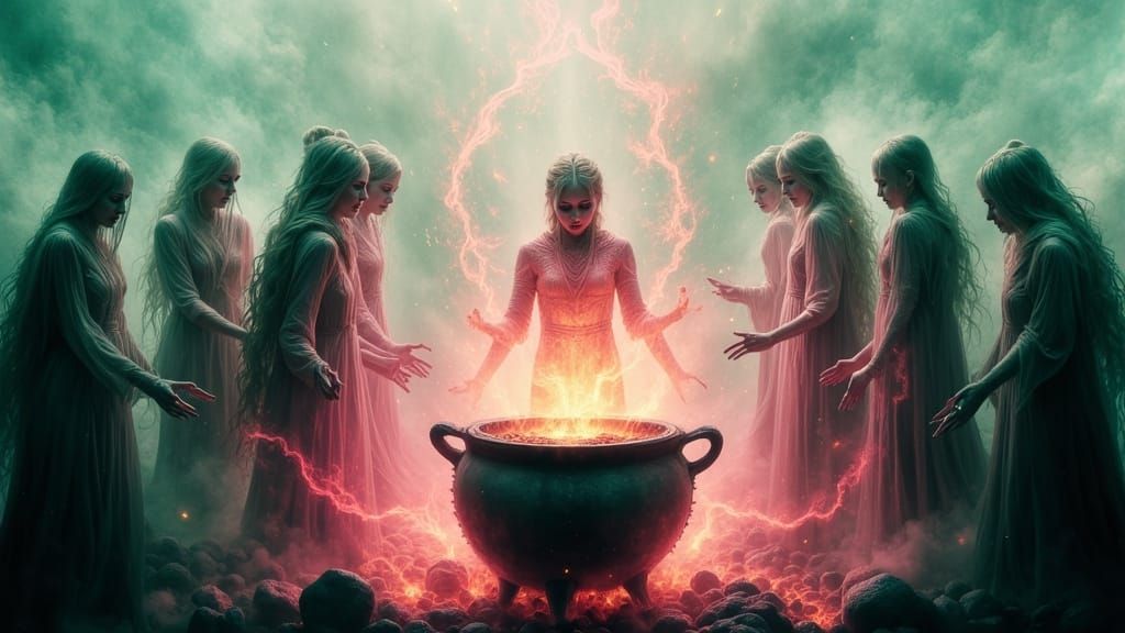Sorceresses Chant Around Cauldron in Surreal Digital Matte P...