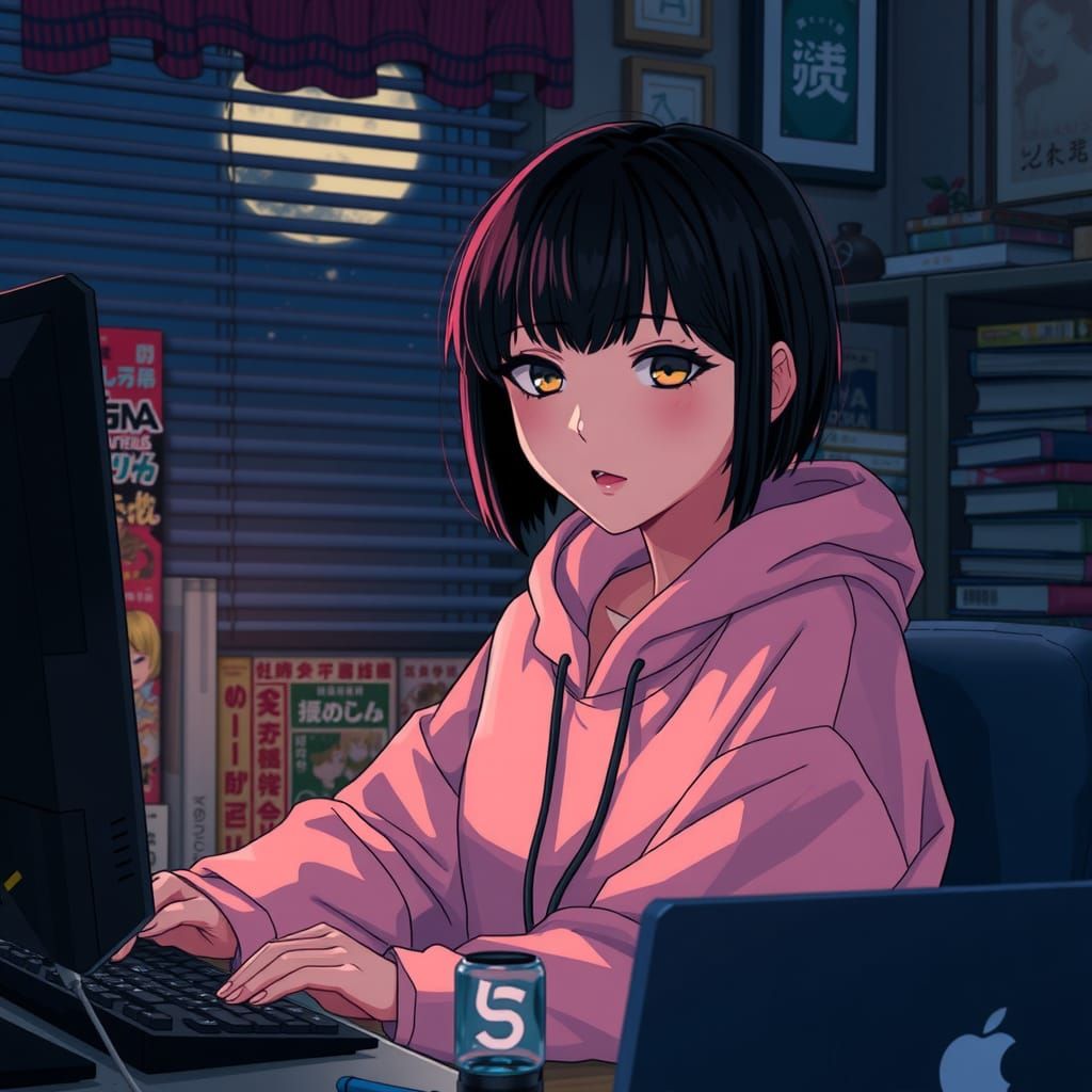 Anime Girl at Computer in Studio Trigger Style
