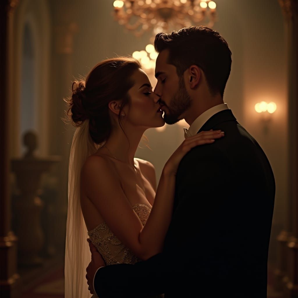 Romantic Kiss in Cinematic Film Style