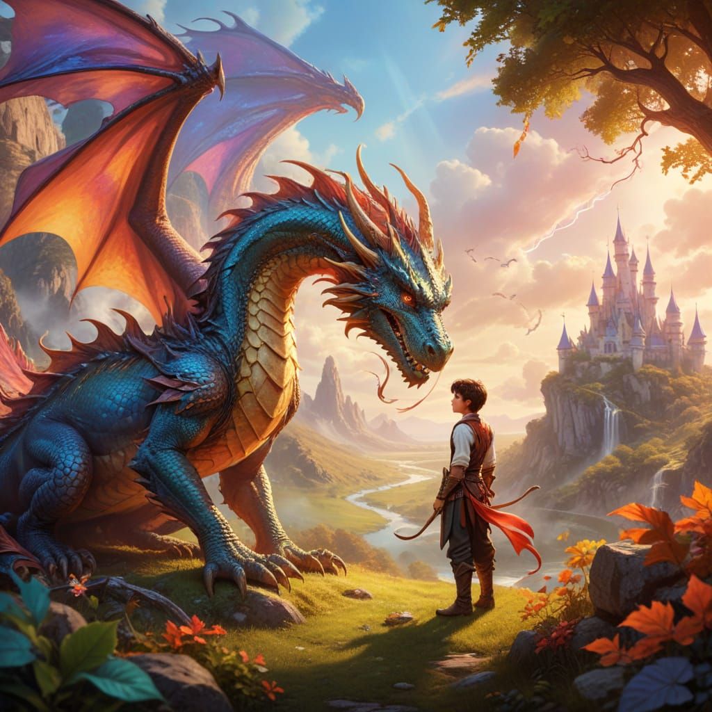 Majestic Dragon Bows to Tamer in Vibrant Fairytale Scene