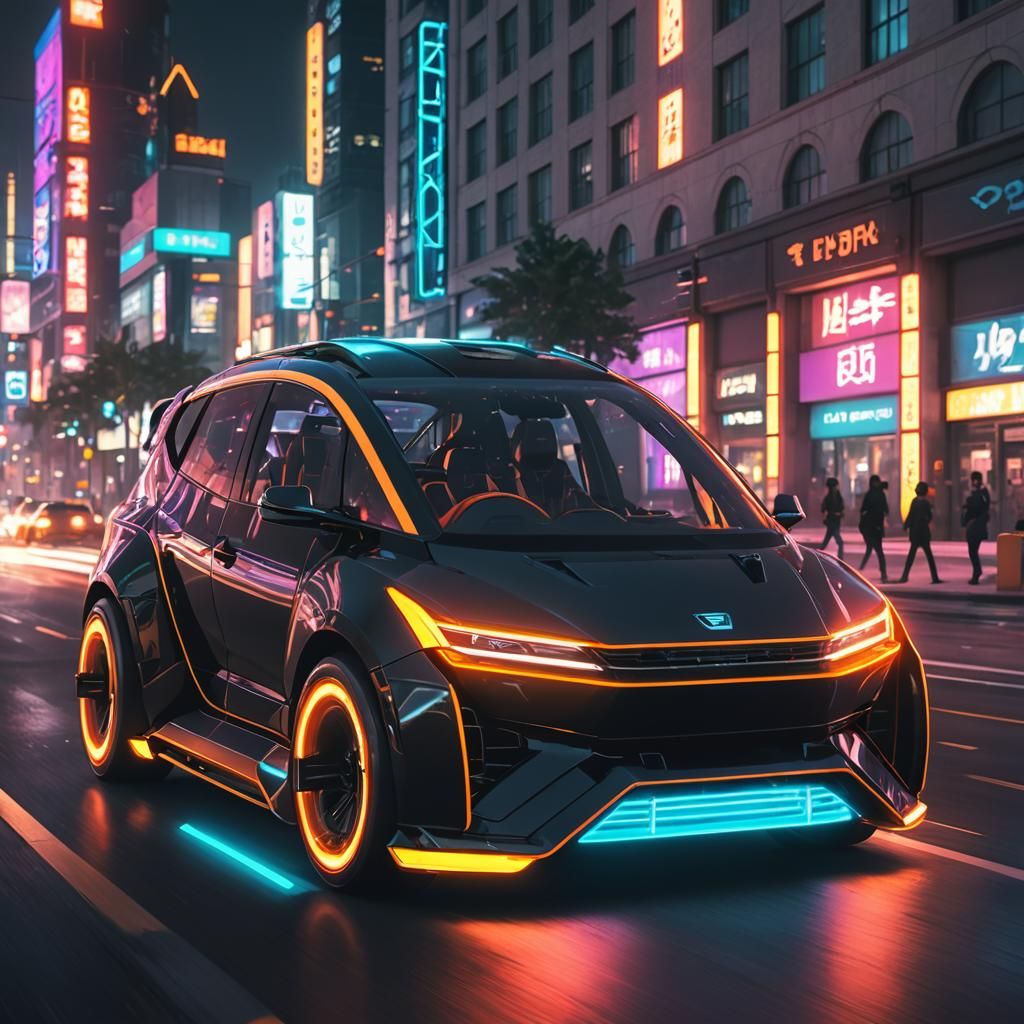 Cyberpunk Vehicle Speeds Through Neon Cityscape