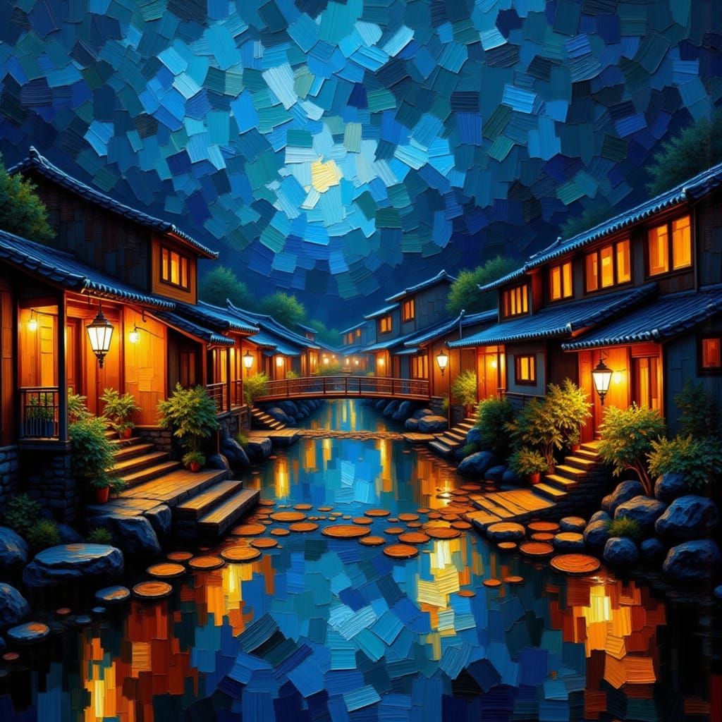 Guizhou Water Village at Night with Heavy Impasto Layers