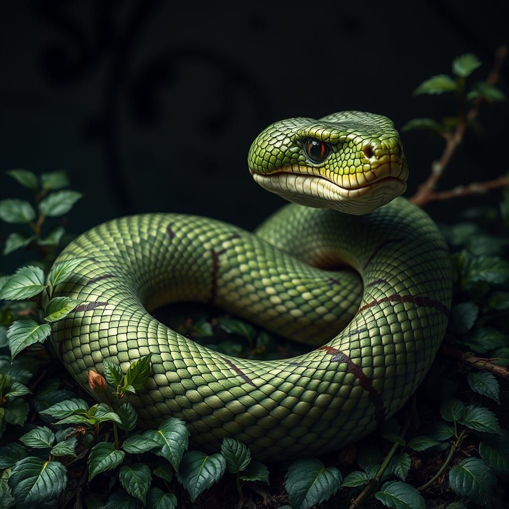 Sly Grass Snake Wrapped in Verdant Vines in the Style of Aud...